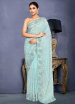 Georgette Blue Wedding Wear Embroidery Work Saree